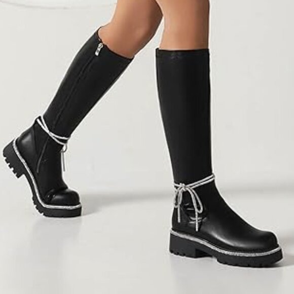 Women Low Platform Knee High Boots, Round Toe, Silver Rhinestone Accents - Picture 1 of 9